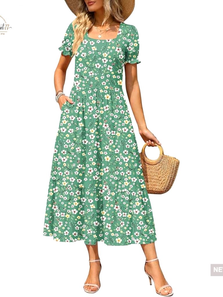 Flowy Tiered Midi Dress With Pockets, Short Sleeve Summer Casual